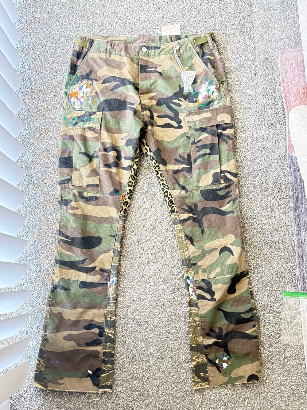 MNML Camo Cargo Pants with Paint Splatter and Leopard Trim